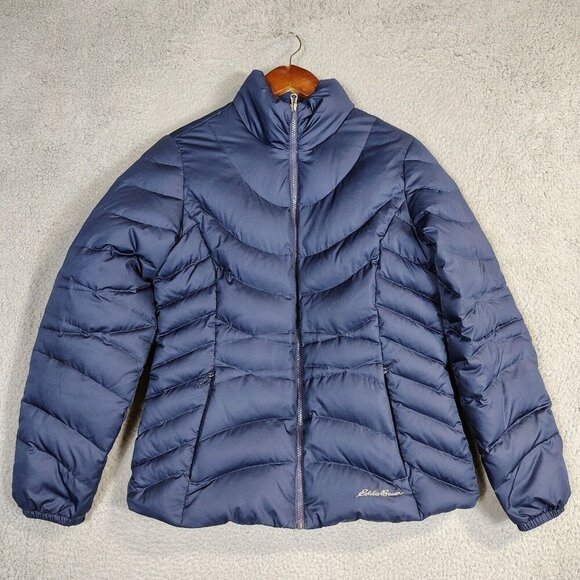 Eddie Bauer Puffer Jacket Women's Medium Blue Down EB650 Full Zip Outdoor Winter - Picture 1 of 15